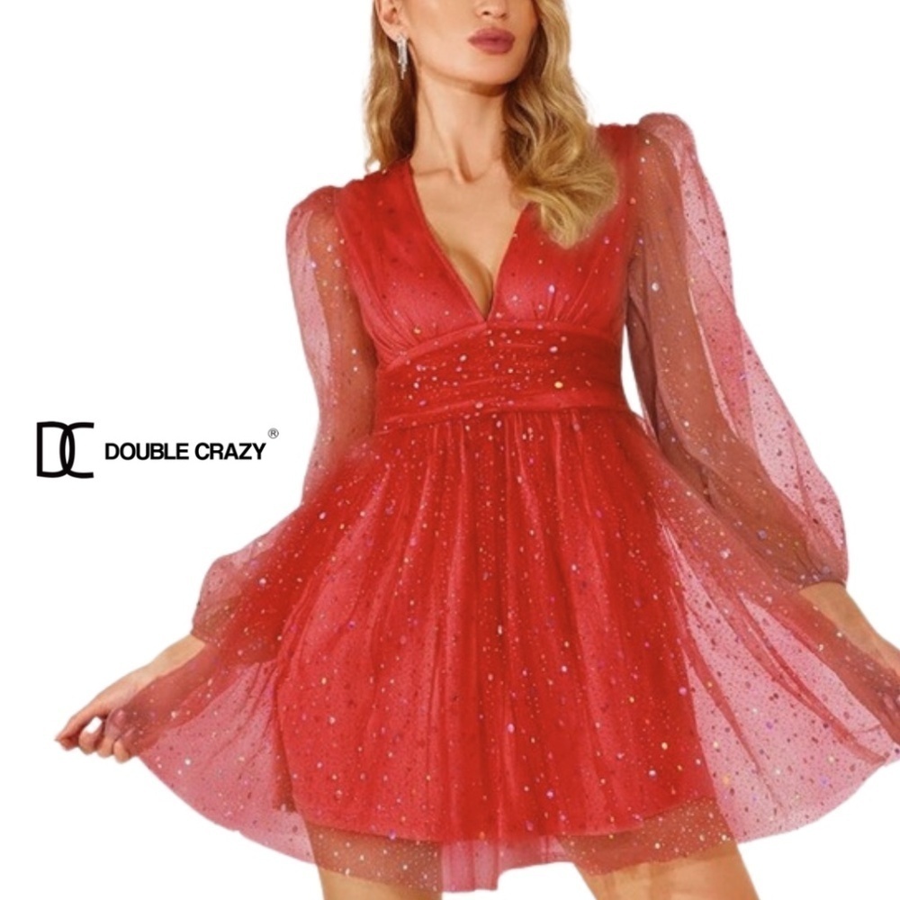 Double Crazy Puff Sleeve Ruched Waist Sheer Mesh Overlay Dress - Size 3XL
